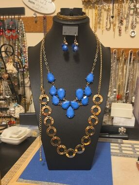 Gold-Tone Necklace Set with Bright Blue Teardrop Pendant - Women Jewelry
